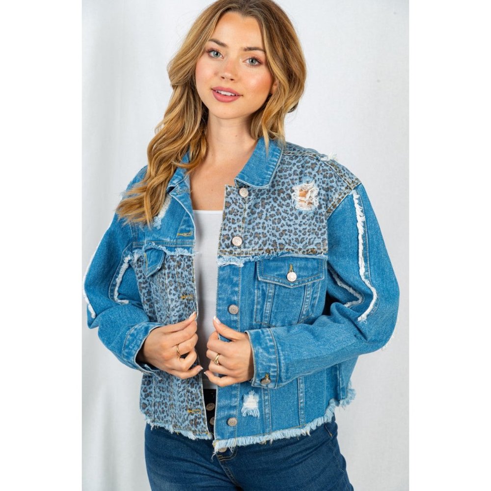 White Birch Leopard Frayed Denim Jacket